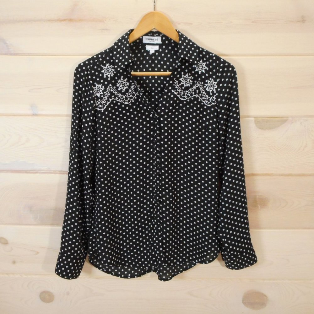 Express Women's S Portofino Dress Shirt Button Up Roll Tab Black White Polka Dot